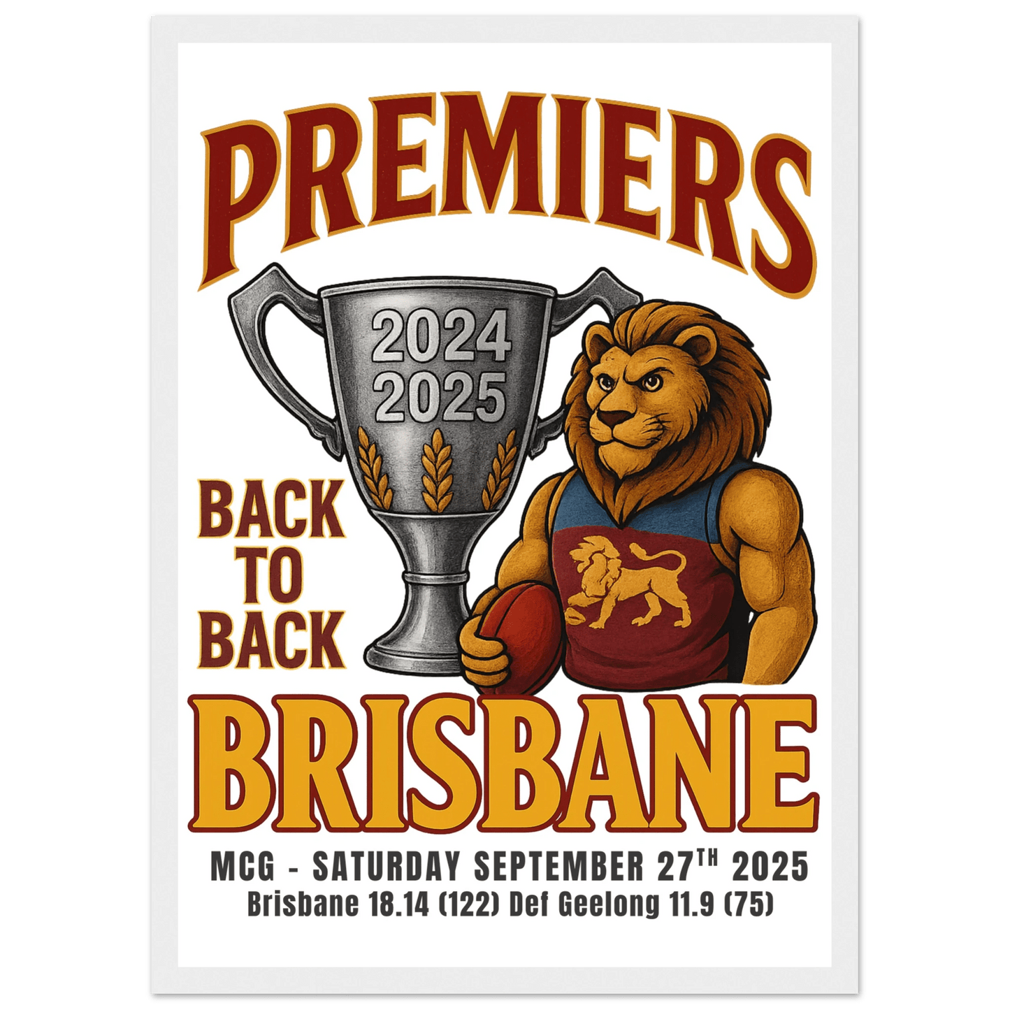 Brisbane Back to Back 2024/25 Premiers - Framed Wall Art - VFtees